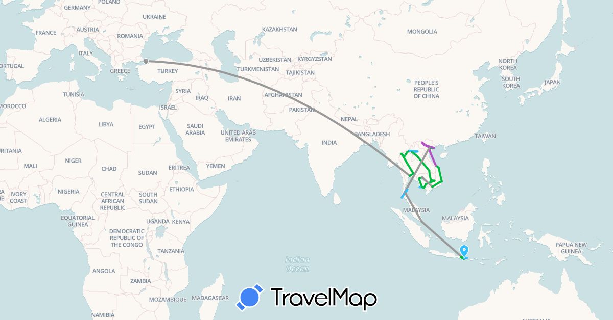 TravelMap itinerary: driving, bus, plane, train, boat in Indonesia, Cambodia, Laos, Singapore, Thailand, Turkey, Vietnam (Asia)